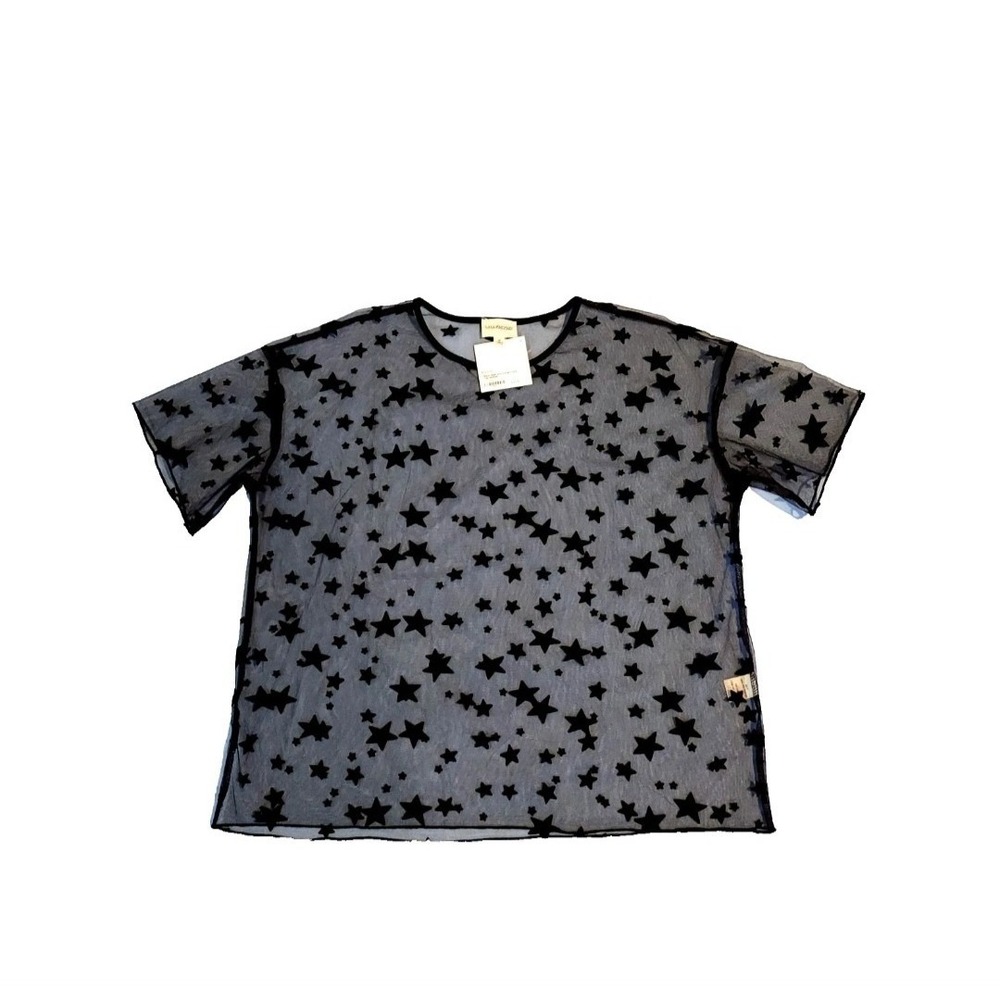 NWT Lala Factory M Black Mesh Star Top Sheer Short Sleeve Festival Goth Rave